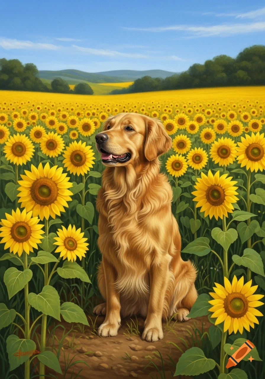 A majestic Golden Retriever sits among a vibrant field of bright yellow ...