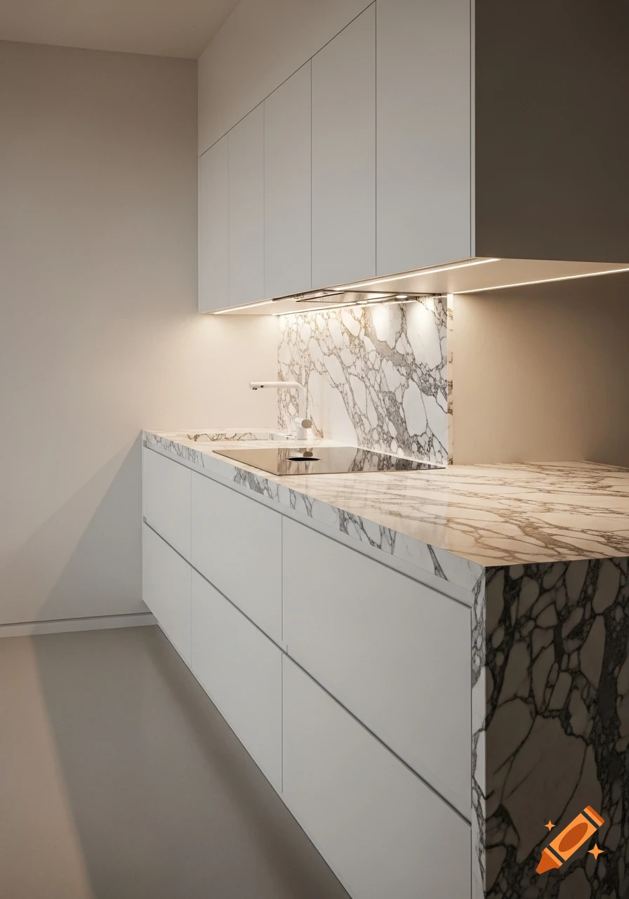 Modern kitchen with white cabinets, a sink, and a continuous white marble countertop and backsplash.