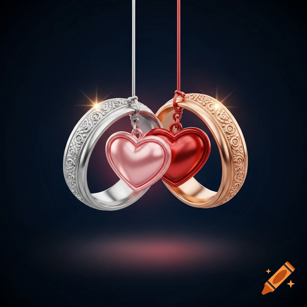 Two shiny metallic rings, one silver and one gold, intertwined and hanging, each with a heart charm (pink and red respectively) on a dark background.
