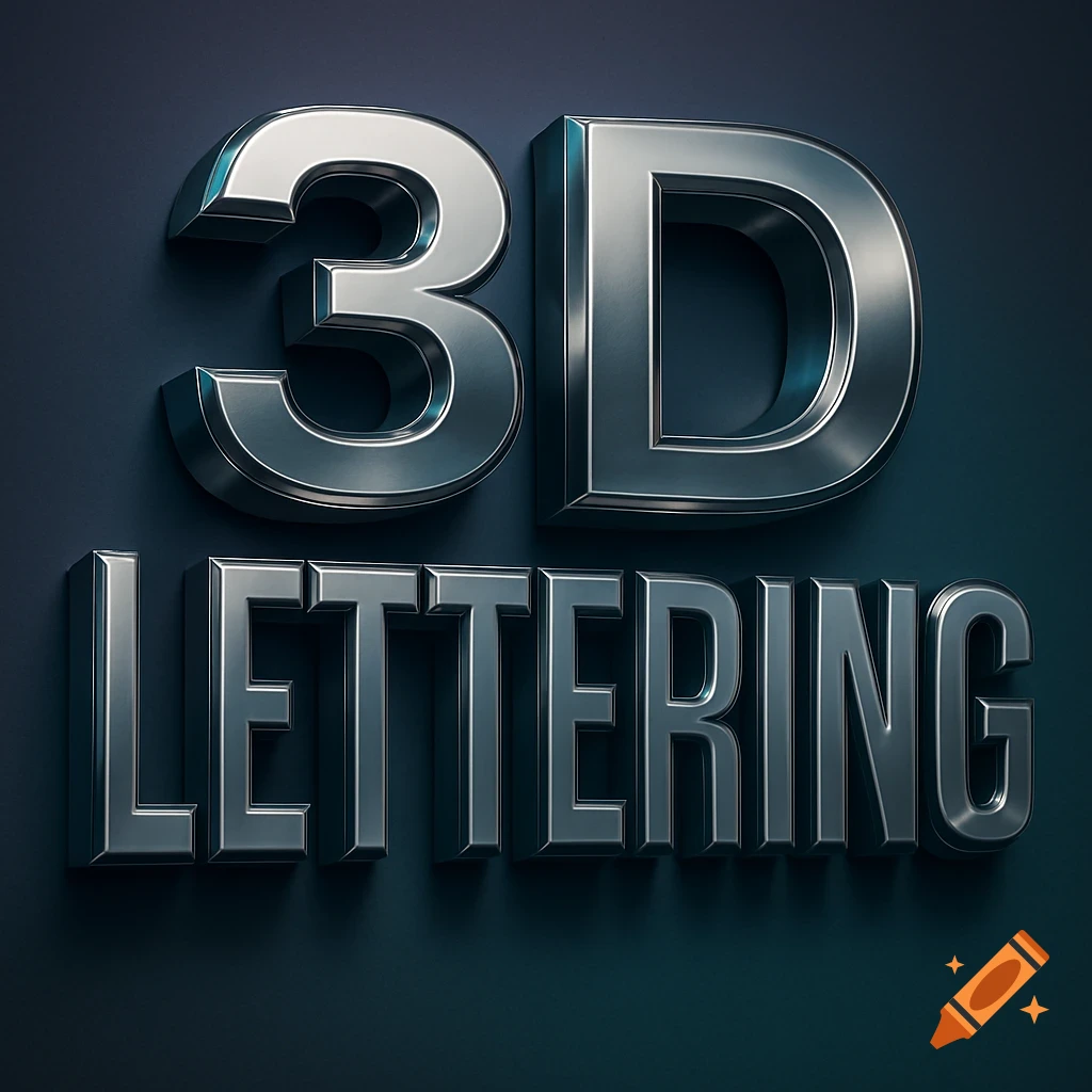 Metallic 3D text spelling '3D LETTERING' on a dark blue background.