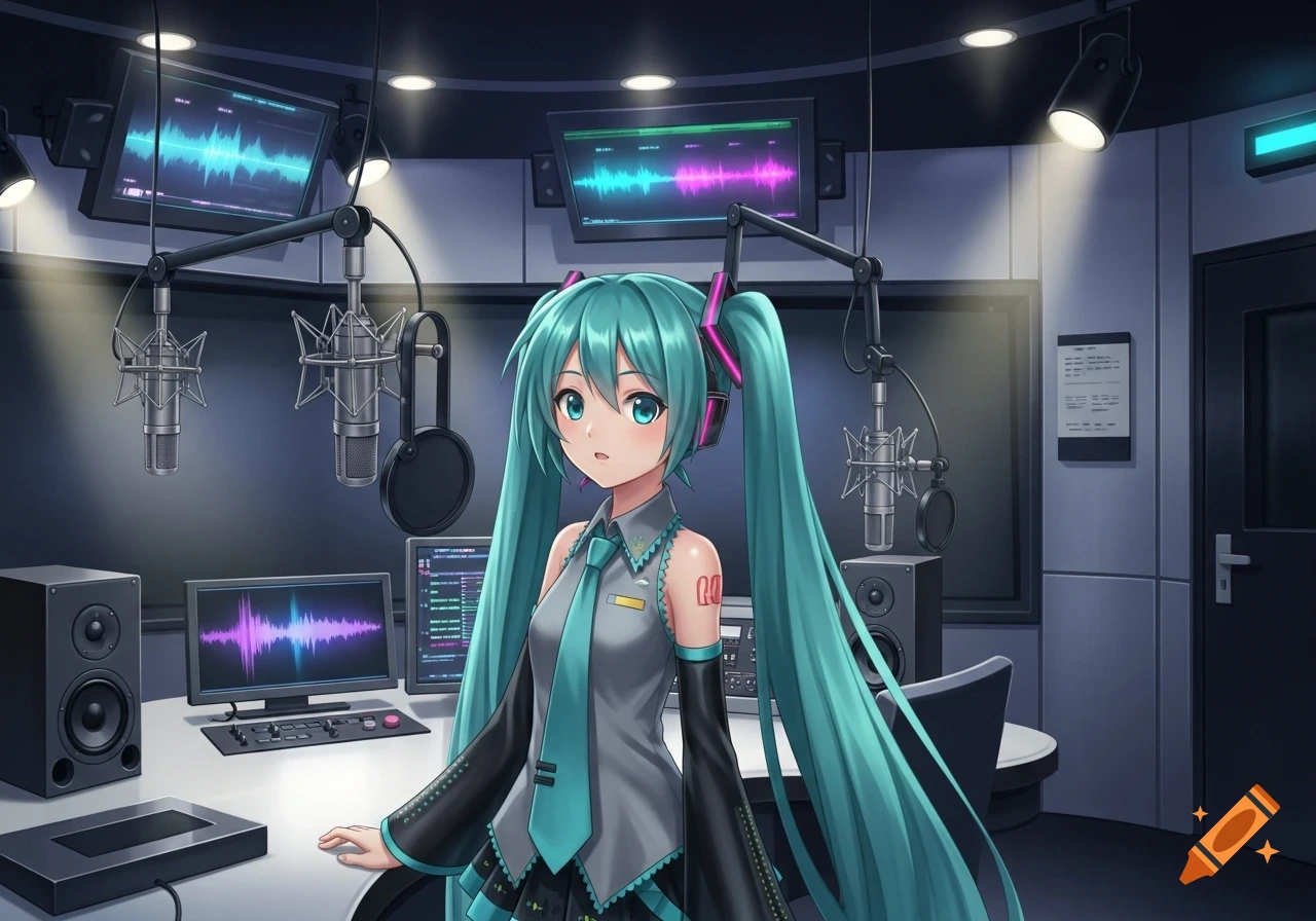 Hatsune Miku, an anime character with long turquoise pigtails, stands in a radio studio with microphones and screens showing audio waveforms.