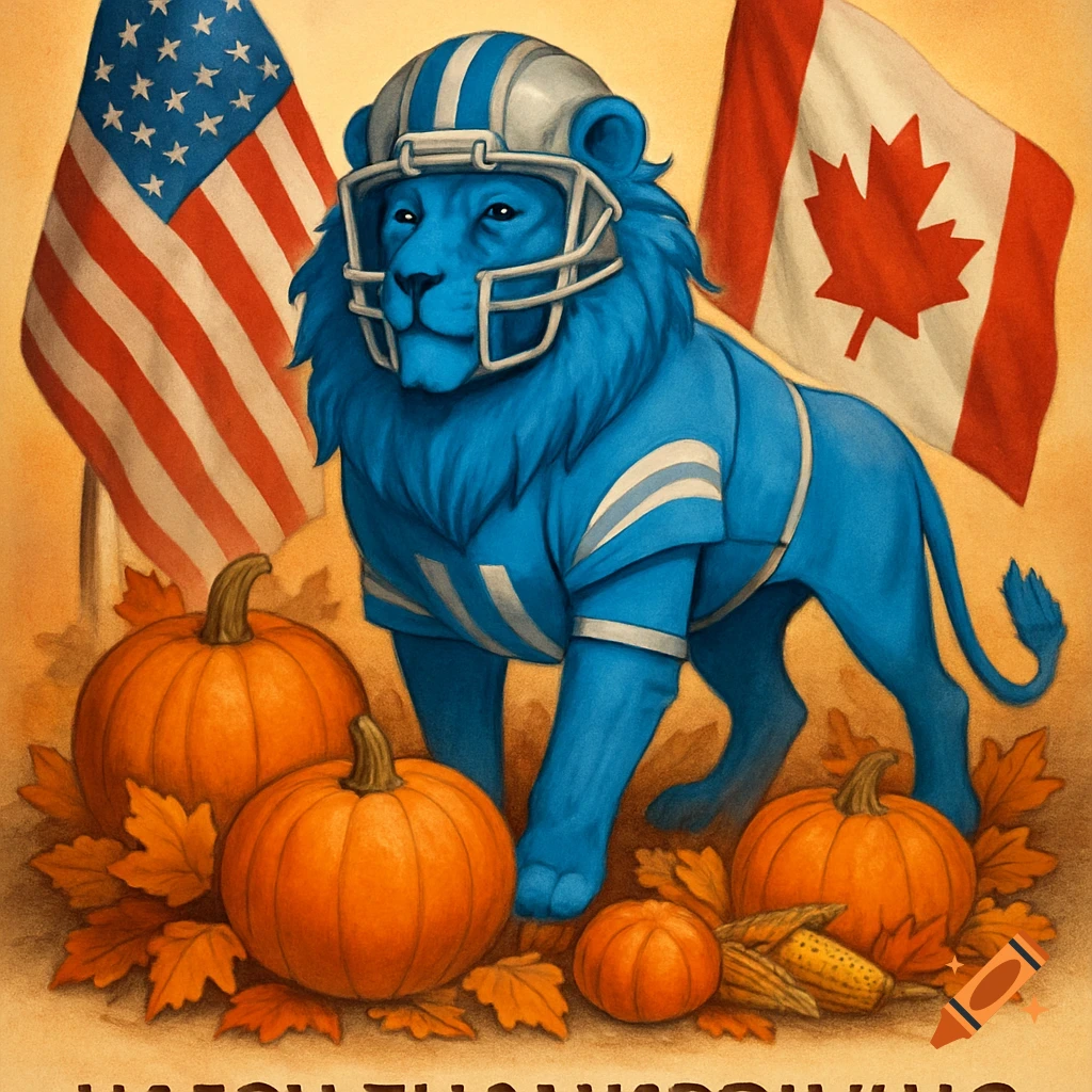 A stylized blue lion in football gear stands amidst pumpkins and autumn leaves, flanked by American and Canadian flags, with garbled text below.