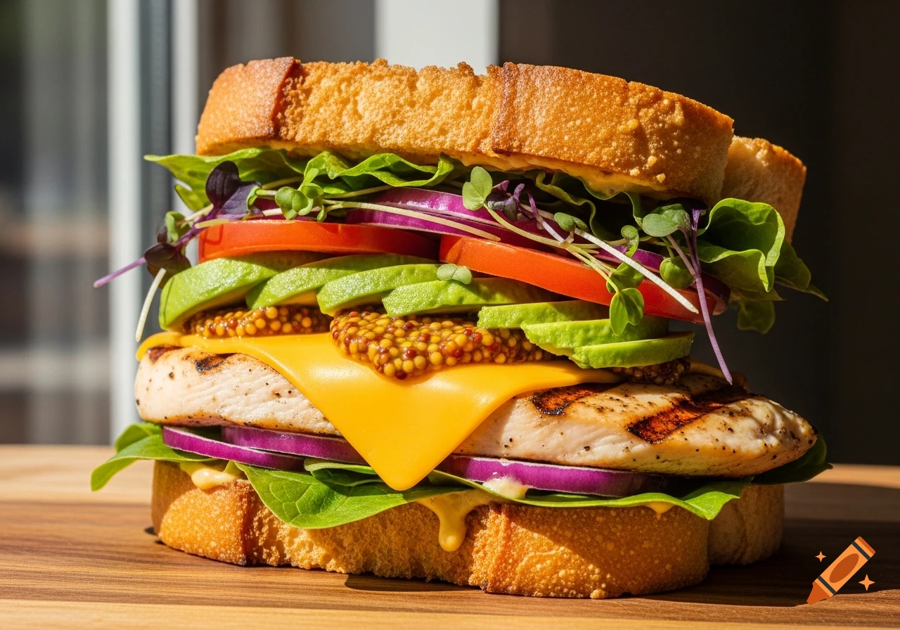 A photorealistic sandwich with grilled chicken, avocado, cheese, red onion, lettuce, sprouts, and grainy mustard on toasted bread.