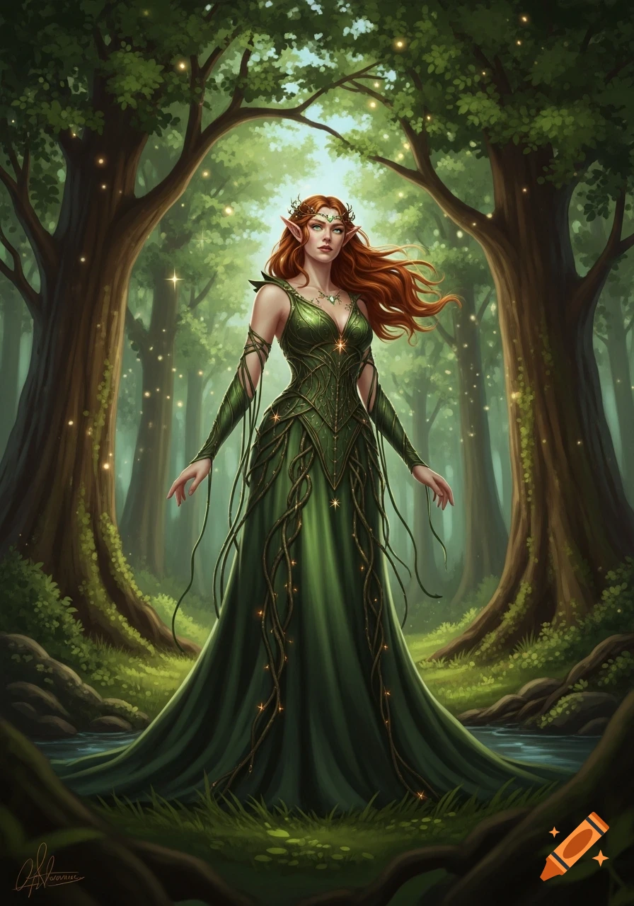 An elf woman with long red hair and pointed ears stands in a magical forest, wearing a green leafy gown. Fantasy art style.