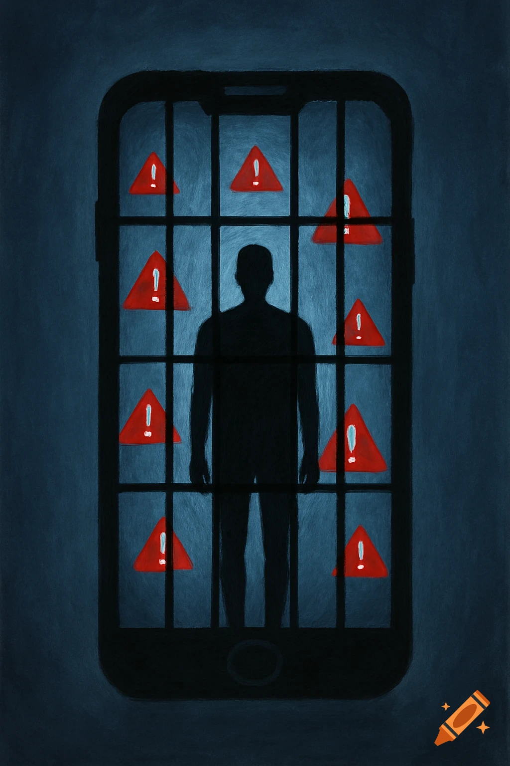 A dark illustration of a person's silhouette trapped inside a smartphone screen, which resembles a cage with bars, surrounded by red warning triangles.