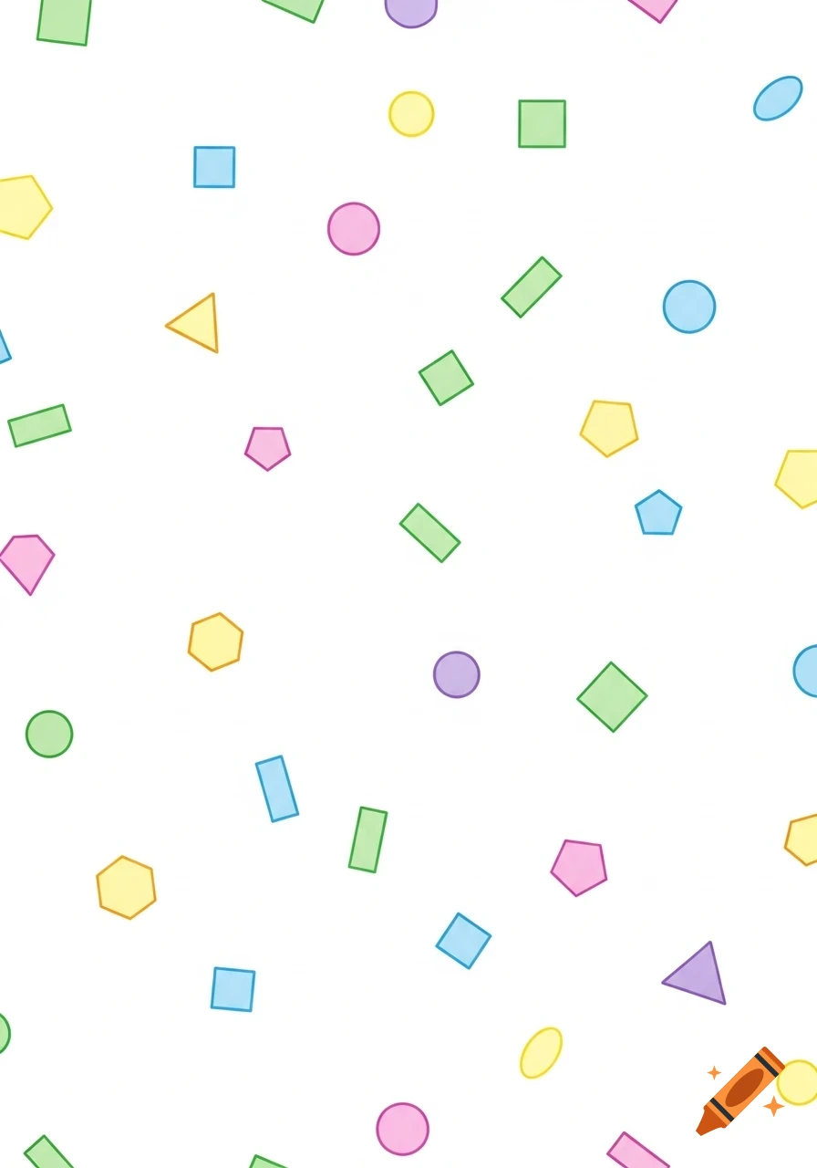 A seamless white background pattern featuring randomly scattered, brightly colored 2D geometric shapes like circles, squares, rectangles, triangles, pentagons, hexagons, and ovals in pastel hues.