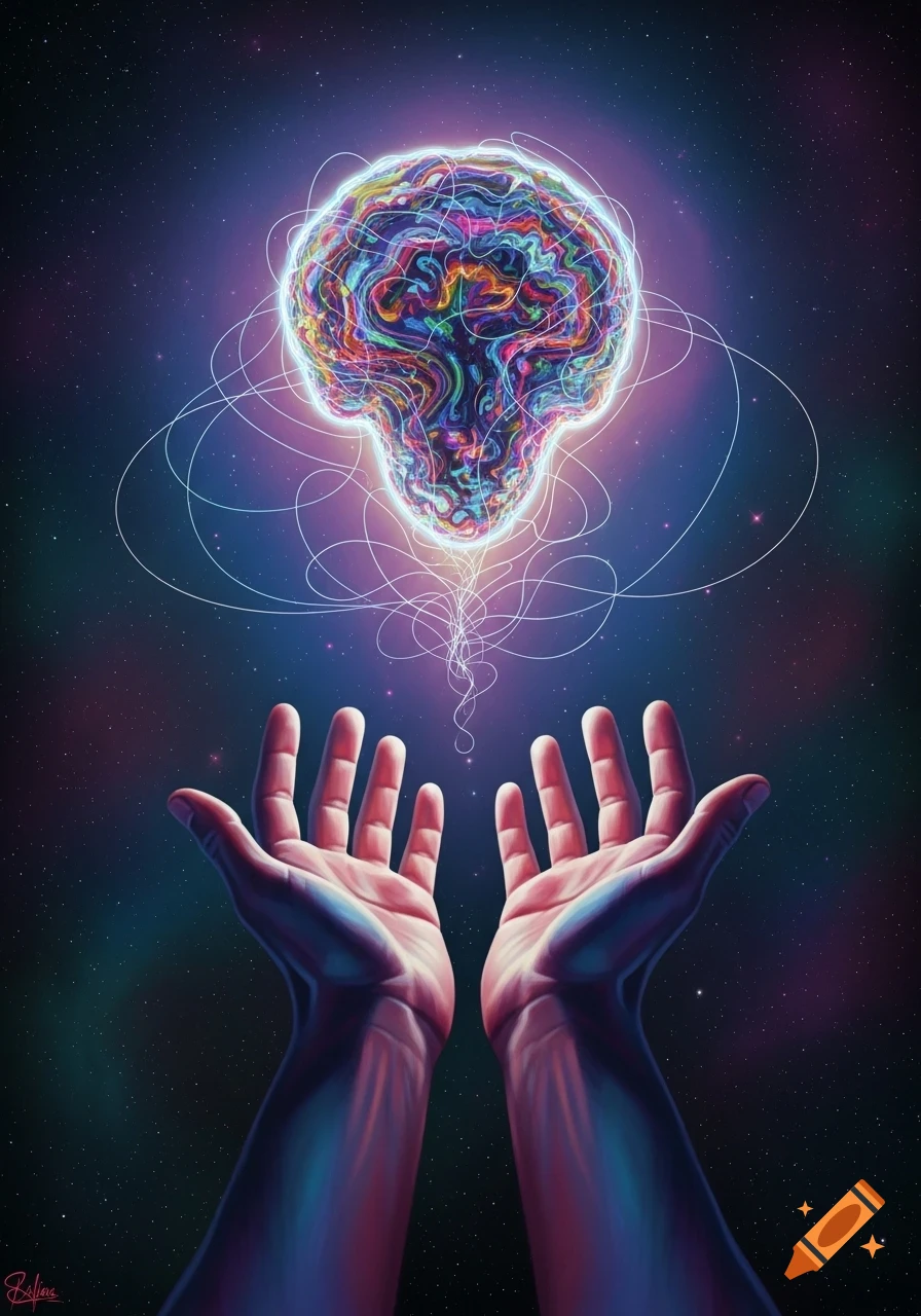Vibrant psychedelic art of two hands reaching up towards a glowing, colorful, abstract brain-like mass in a starry cosmic background.