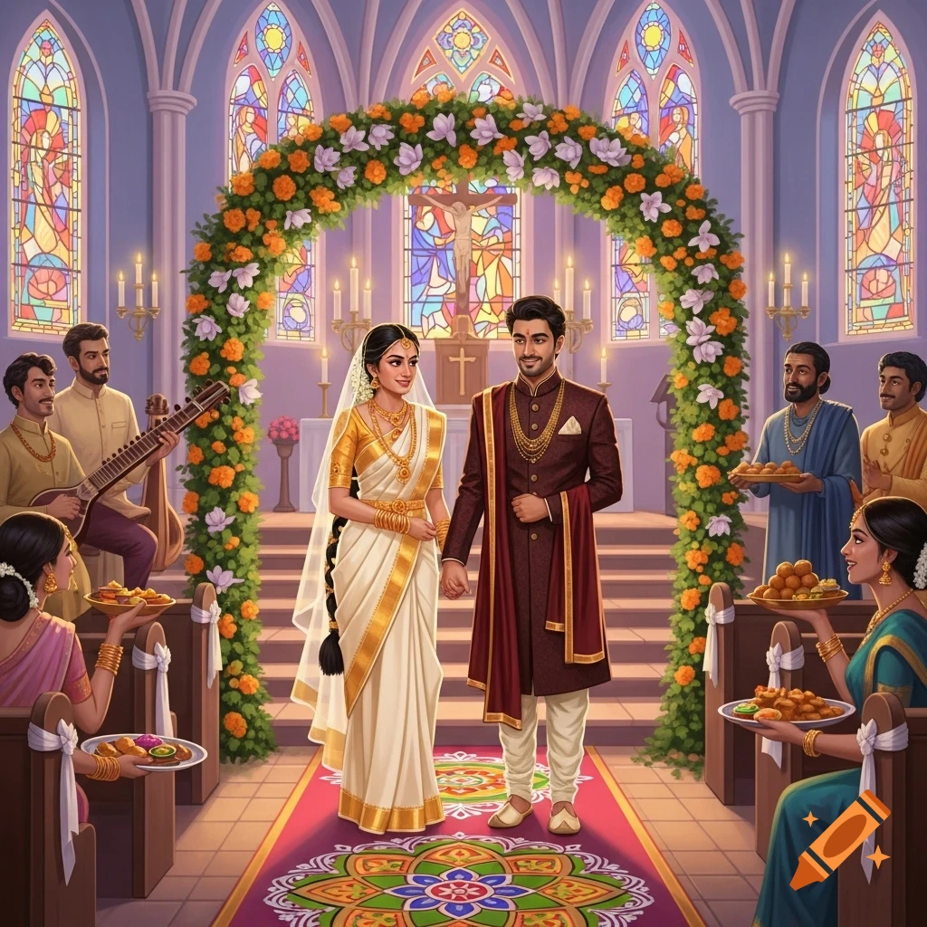 Illustrated image of an Indian couple in traditional attire walking down a church aisle under a floral arch during their wedding ceremony.