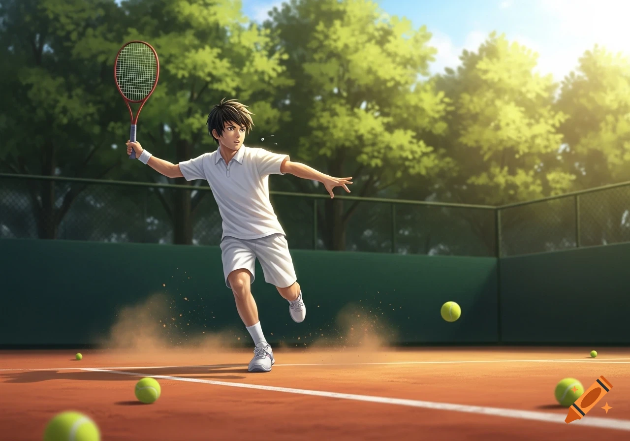 An anime style young man in white tennis attire runs and swings a racket on a sunny outdoor clay tennis court.
