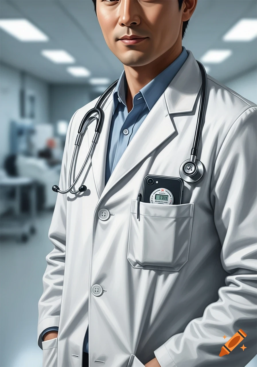 A male doctor in a white lab coat with a stethoscope and a device in his pocket, standing in a hospital hallway.