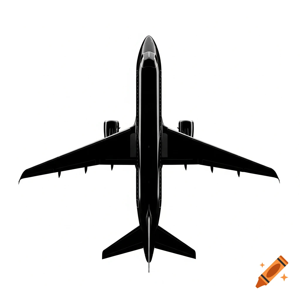 Black airplane seen from above against a white background.
