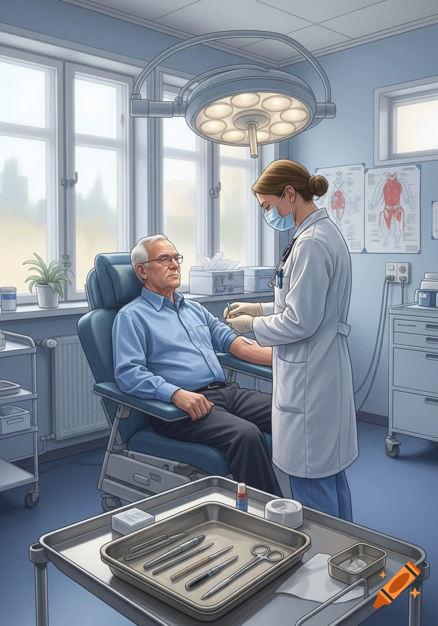 An illustrated scene of a female biomedical analyst taking a blood sample from an elderly male patient in a modern clinic.