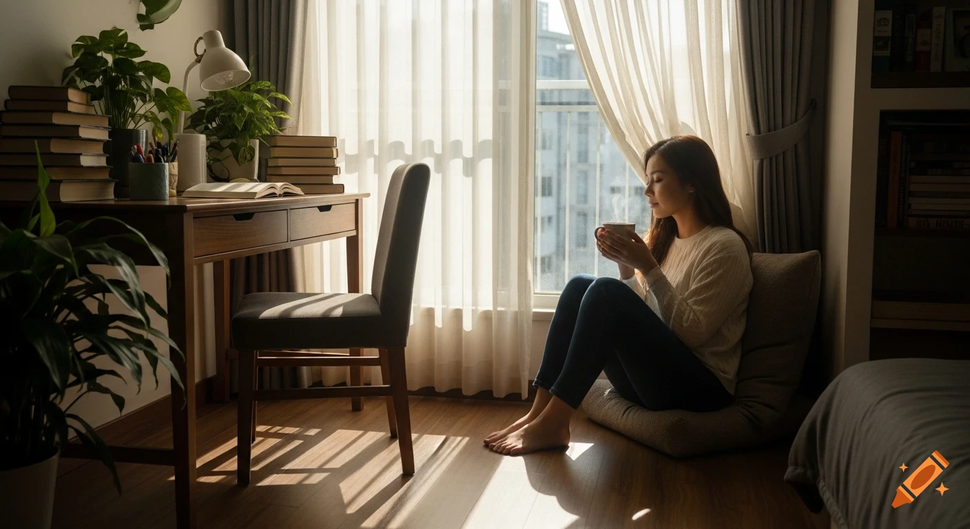 A young woman sips tea by a sunlit window in her cozy room with books and plants, in a photorealistic style.