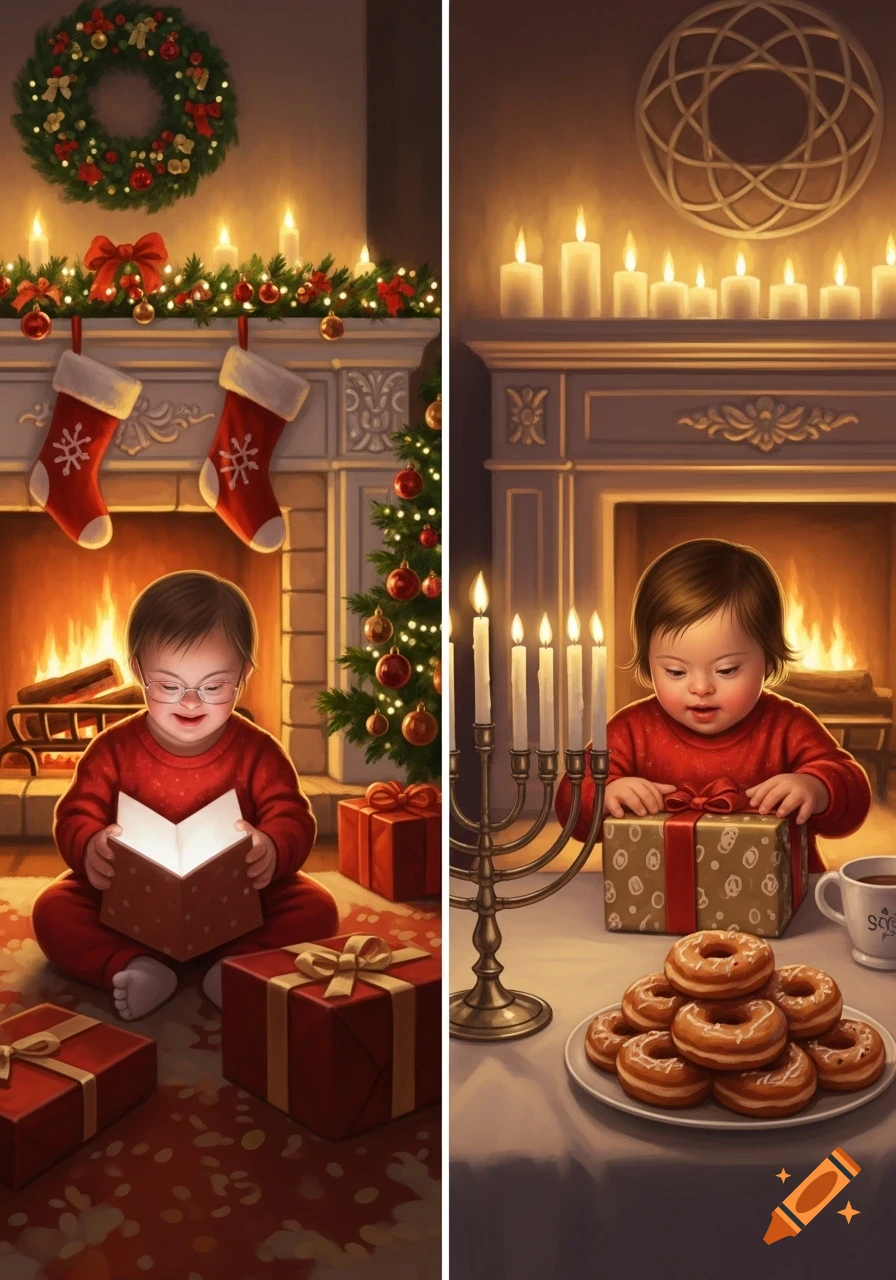 A baby with Down syndrome celebrates Christmas by a fireplace and Hanukkah with a menorah, gifts, and donuts.