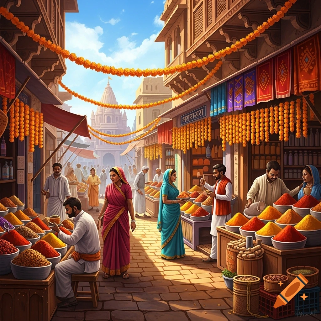 A vibrant Indian market street scene with people in traditional clothing browsing stalls filled with colorful spices and goods, adorned with marigold garlands.