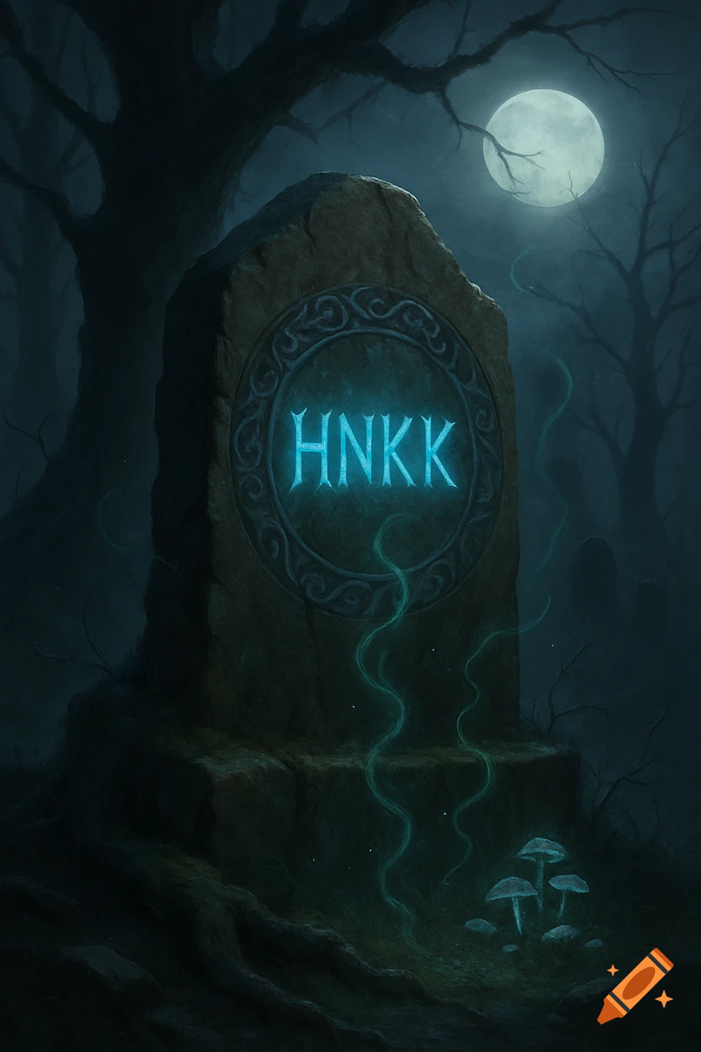 A glowing gravestone with 'HNKK' text in a dark, moonlit forest, with glowing mushrooms at its base.