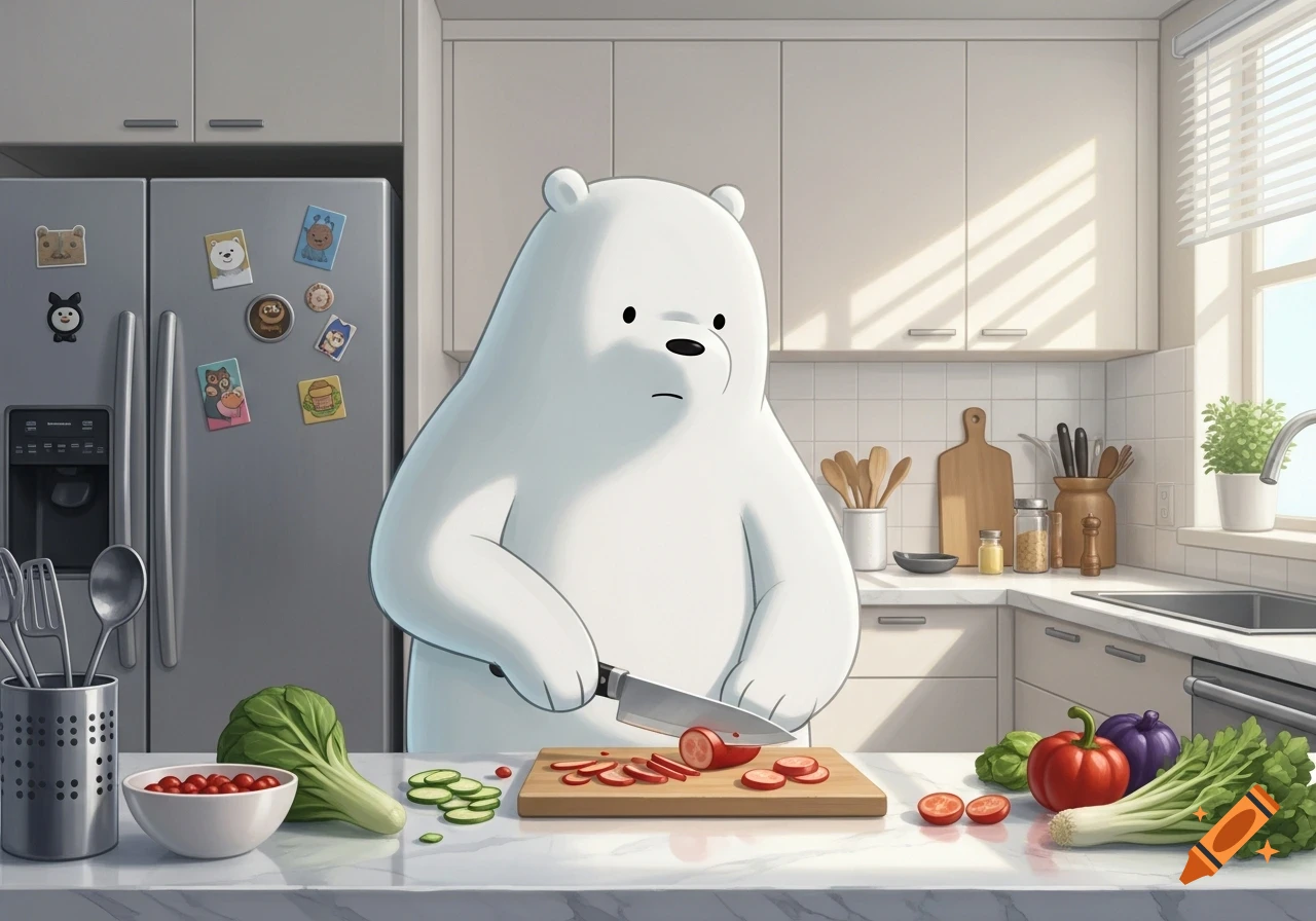 Ice Bear from We Bare Bears chopping red vegetables and cucumbers on a cutting board in a modern kitchen, animated style.