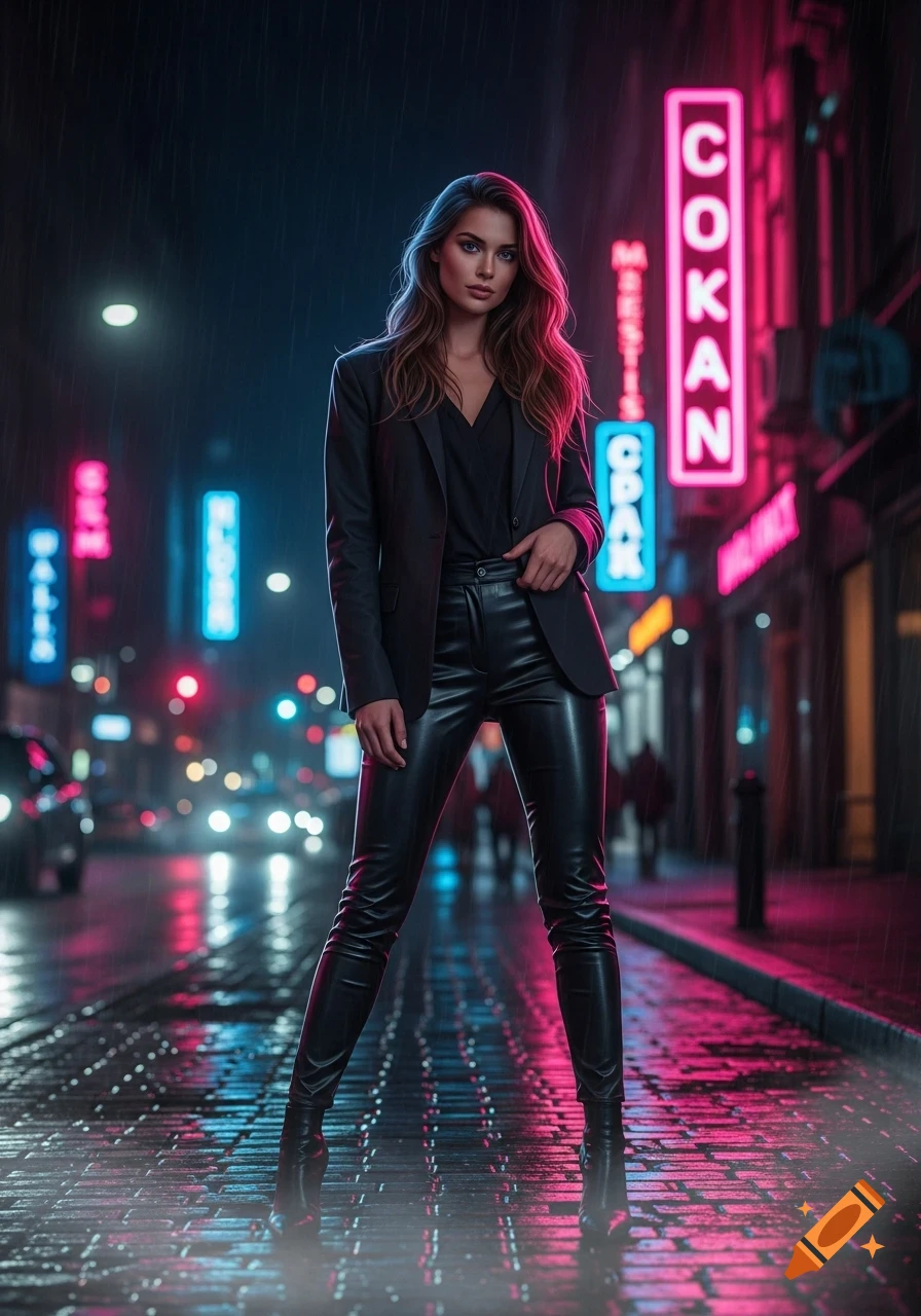 A woman in a black suit jacket and leather pants stands on a wet street at night, illuminated by pink and blue neon lights.