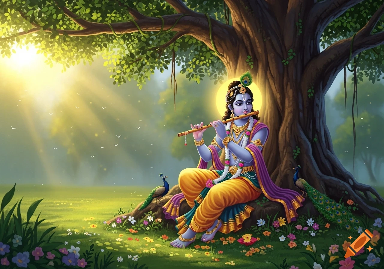 Blue-skinned Krishna plays a flute under a leafy tree in a sunlit meadow with peacocks, rendered in a colorful, illustrative style.