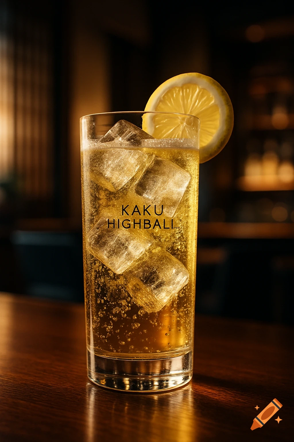 A photorealistic Kaku Highball cocktail in a tall glass with ice and a lemon slice on a polished bar counter.