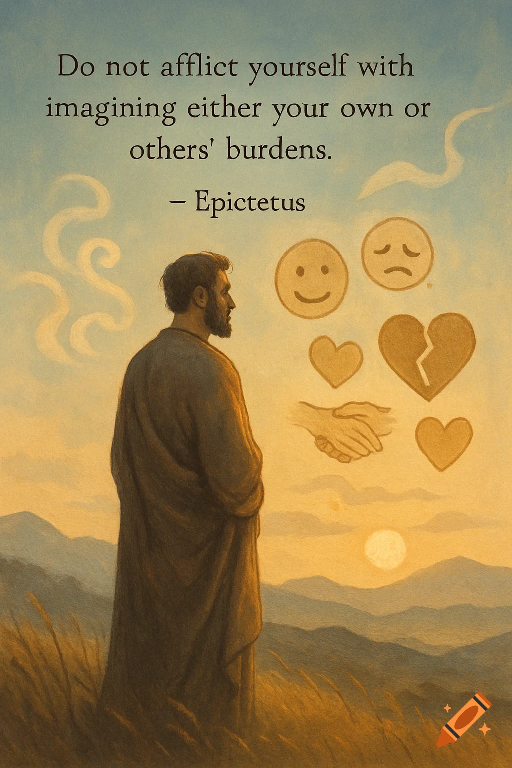 A robed man stands in a field at sunset, looking at floating emojis, hearts, and hands, with an Epictetus quote.