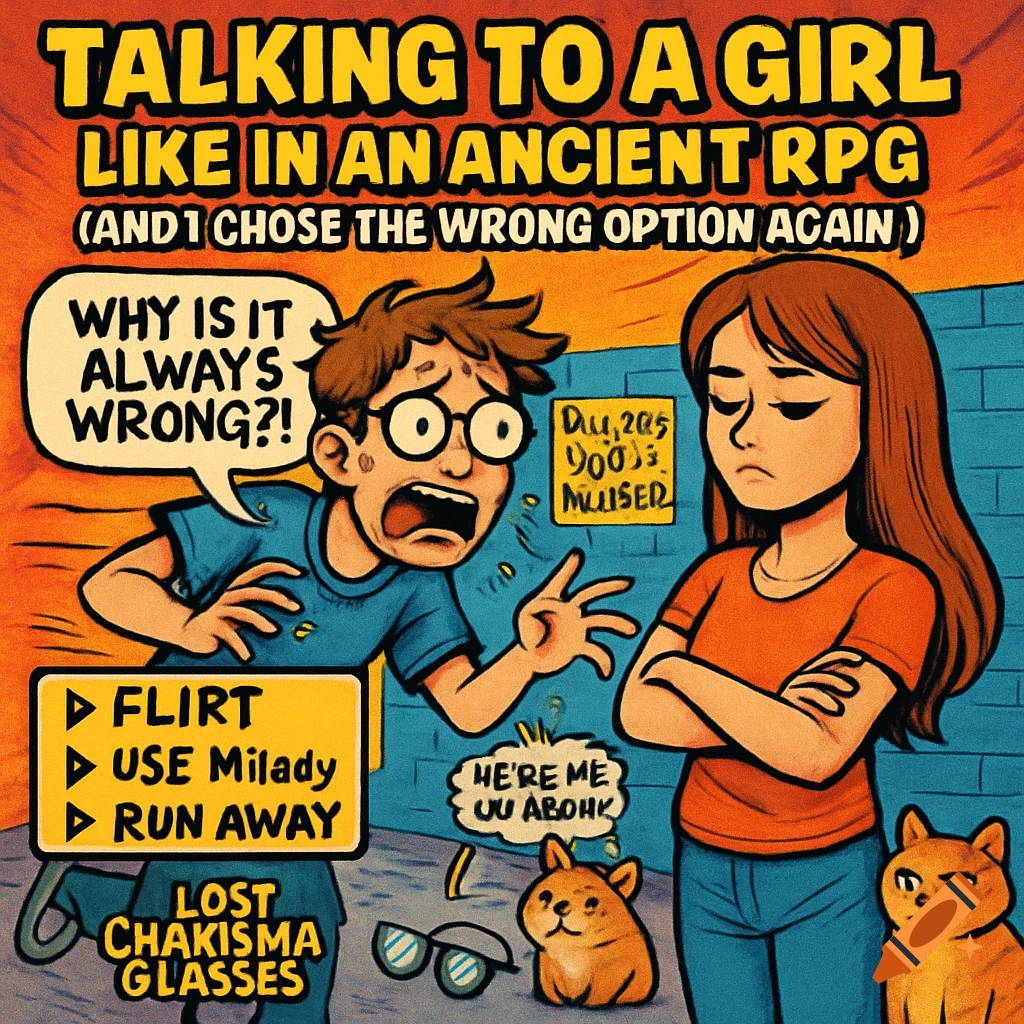 A comic-style meme showing a frustrated man in glasses shouting, an indifferent woman with crossed arms, and two pets. Text bubbles depict a failed RPG dialogue.