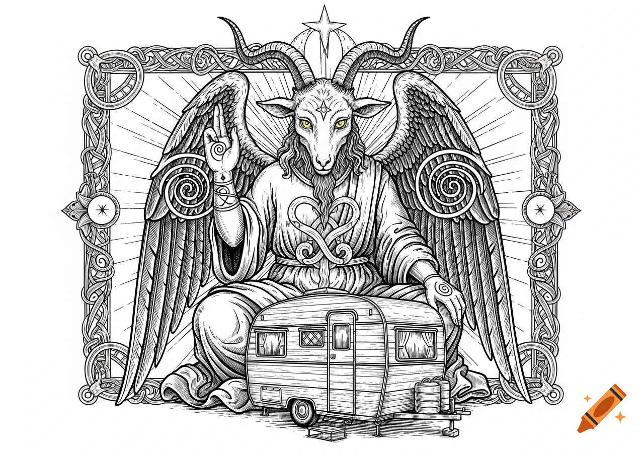A 16th-century style engraving of Baphomet with wings and goat horns, giving a blessing over a small travel trailer.