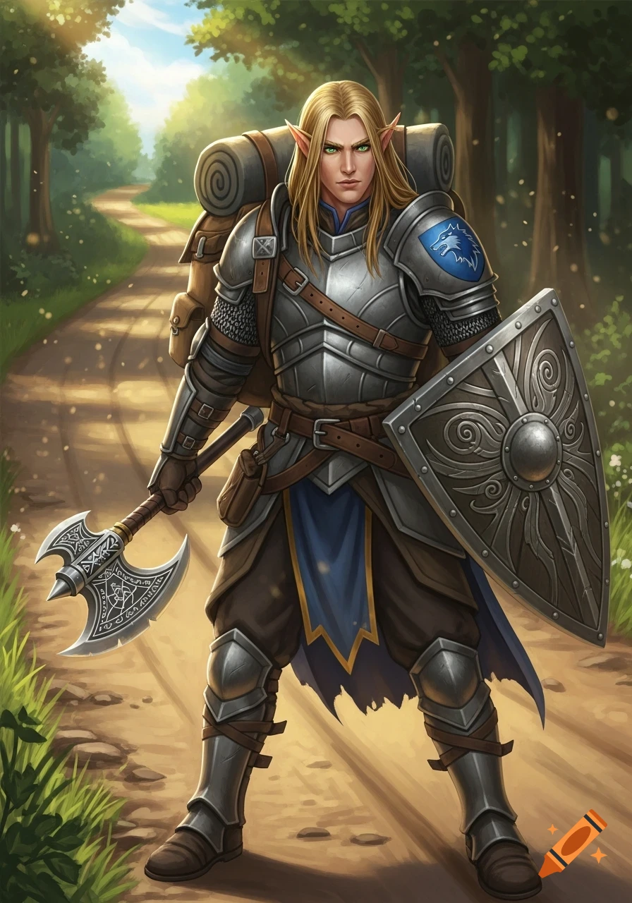 An elf fighter with blonde hair, in splint mail armor with a blue wolf emblem, carrying a backpack, battle axe, and shield on a dirt road.