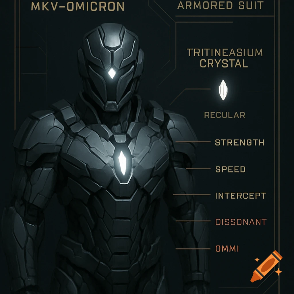 A dark, futuristic armored suit with glowing white details, labeled "MKV-OMICRON," with a schematic showing a "TRITINEASIUM CRYSTAL" and various combat effects.