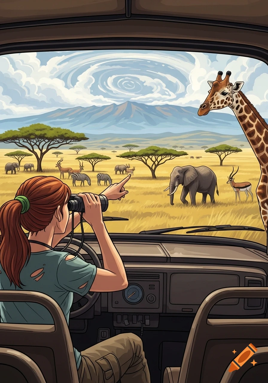A woman in a safari vehicle looks through binoculars and points at elephants and zebras in a grassy savanna with a giraffe peering in from the right.