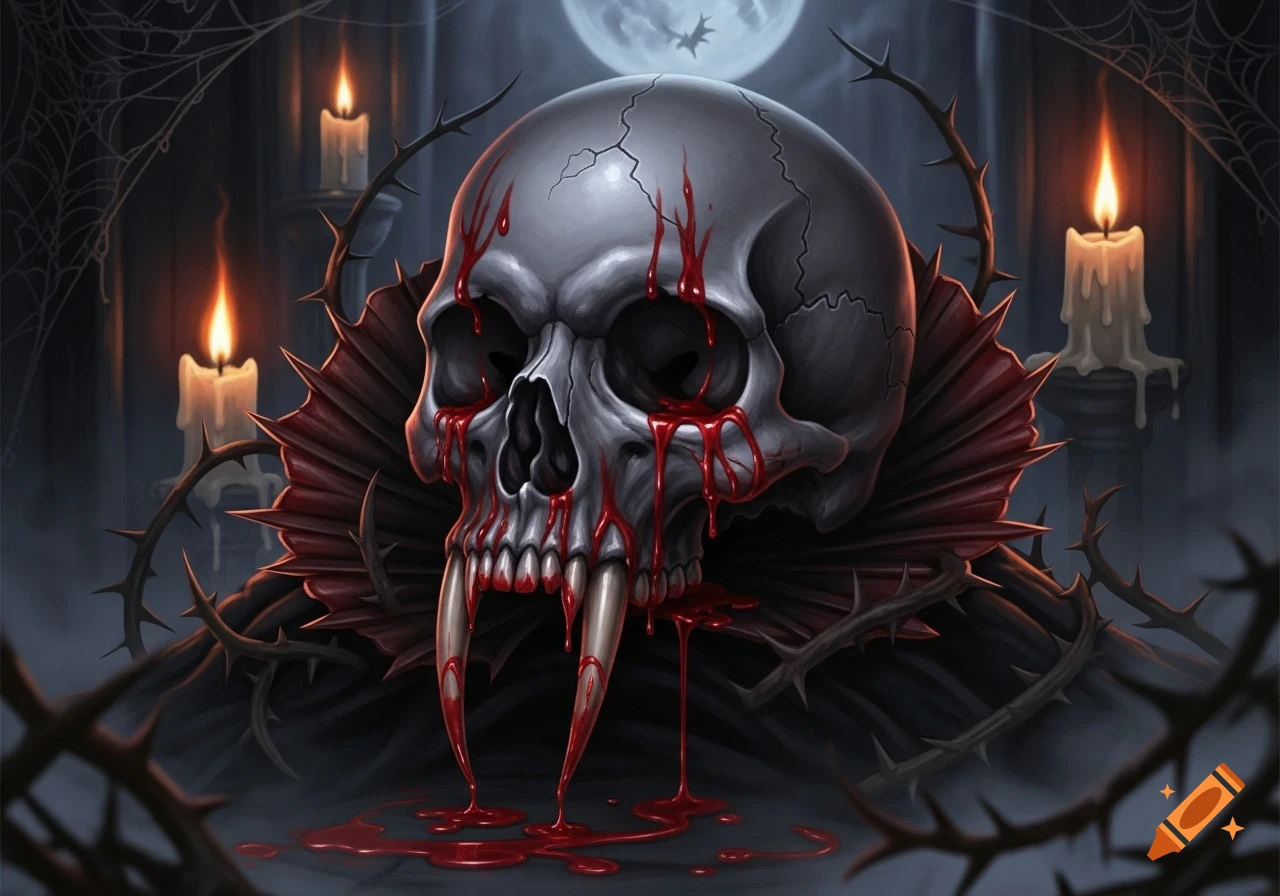 A gothic vampire skull with long fangs and blood dripping from its eyes and mouth, surrounded by thorns and candles under a full moon.