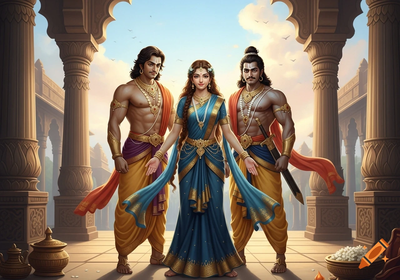 Three regal figures, two muscular men and one woman in a blue and gold sari, stand between ancient stone pillars under a bright sky, reminiscent of Indian mythology.