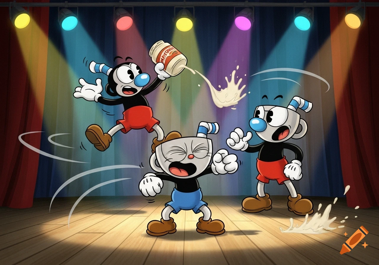 Cartoon characters in the style of Cuphead on a stage under colorful spotlights; one jumps, spilling a jar, while another reacts to being splashed.
