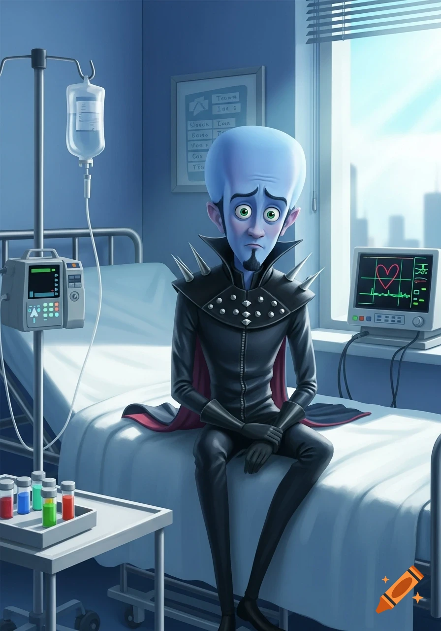 Megamind sits sadly on a hospital bed, an IV drip beside him and a heart monitor showing a healthy heartbeat.
