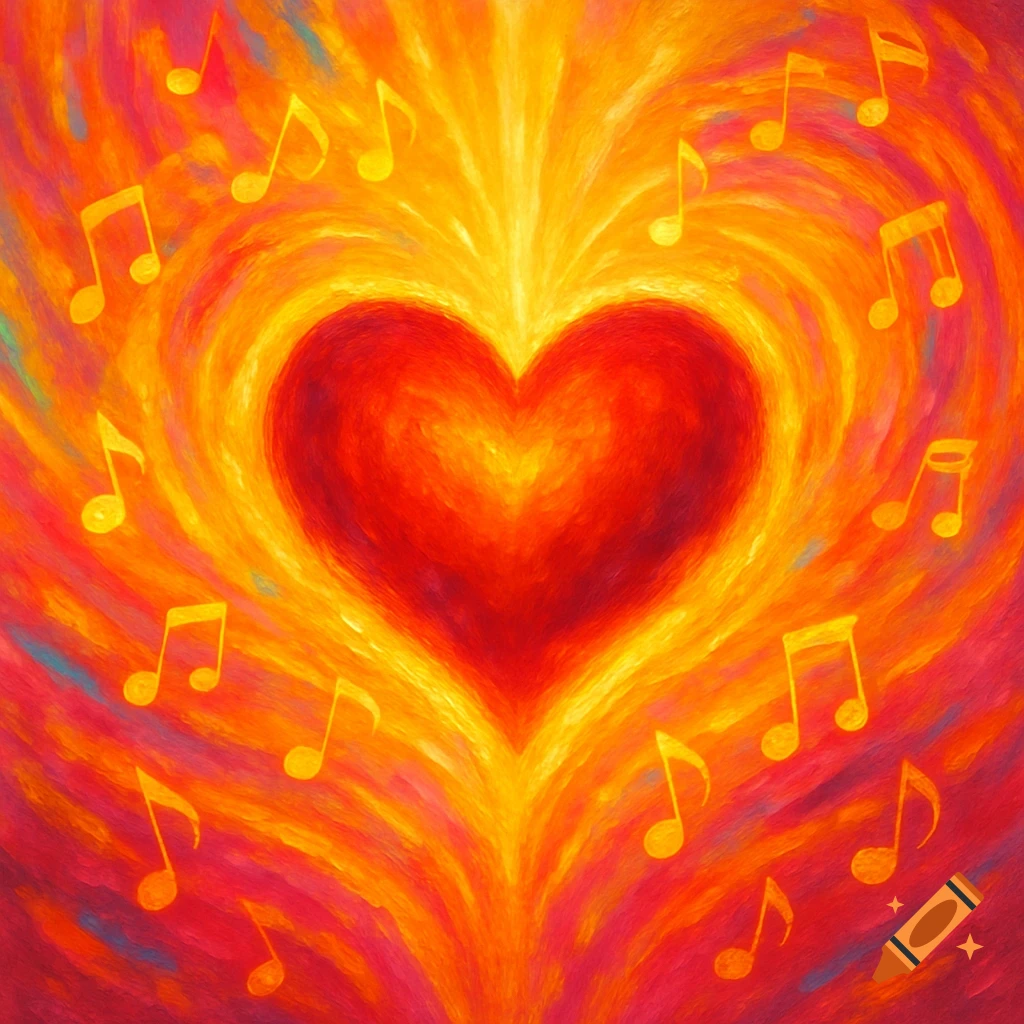 Vibrant, painterly red heart radiating warmth, surrounded by golden musical notes on a swirling orange and red background.