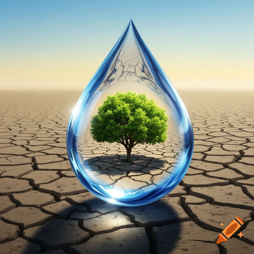 A vibrant green tree is encapsulated within a large, blue water droplet, set against a backdrop of dry, cracked earth under a clear sky.
