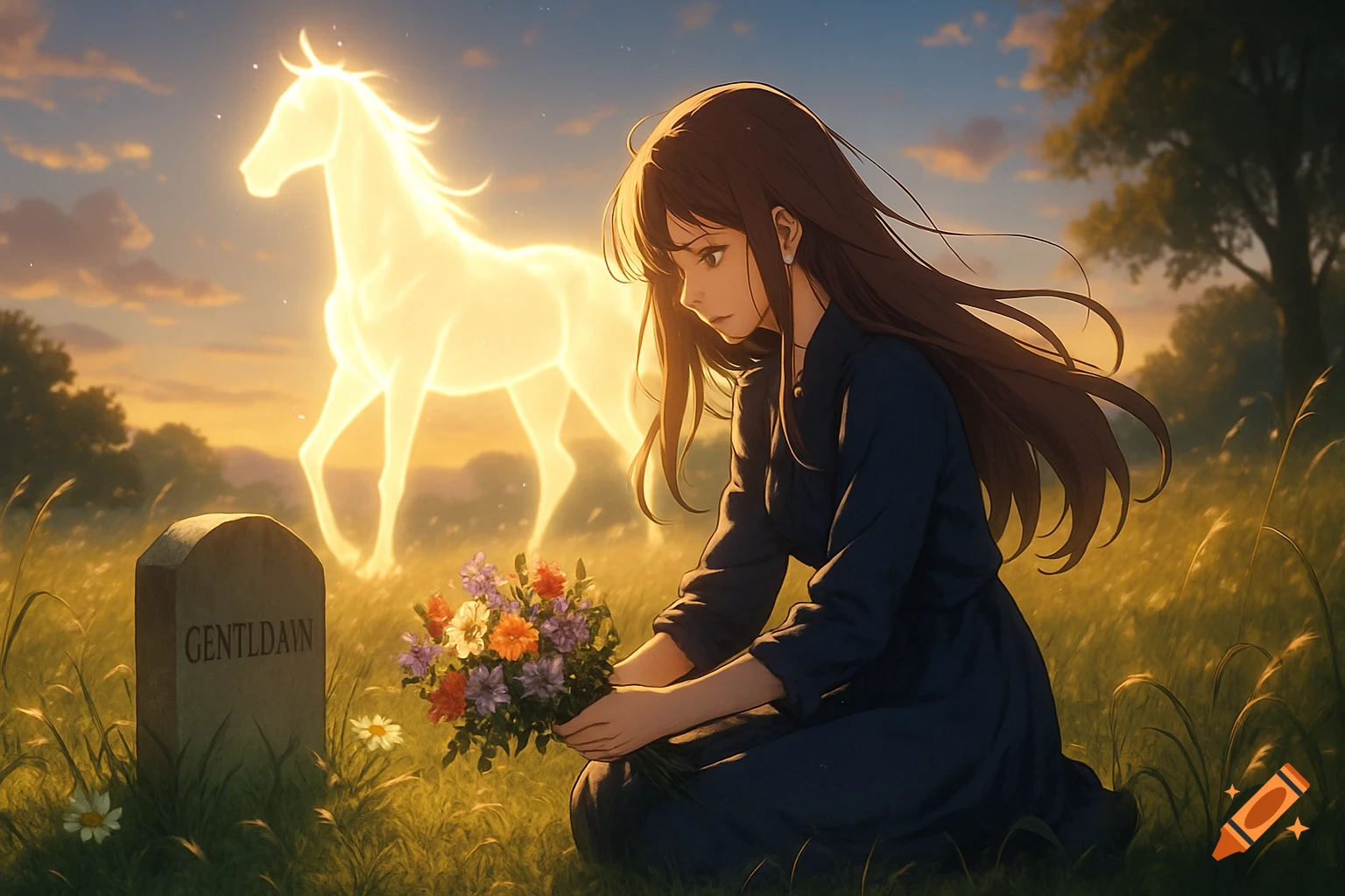 An anime girl kneels at a gravestone with flowers, a glowing horse behind her in a sunset meadow.