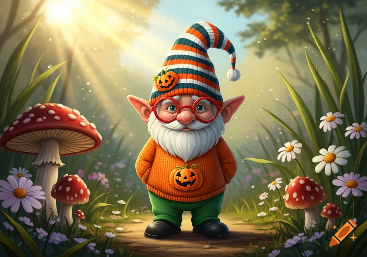A cheerful garden gnome wearing a striped hat and an orange sweater with a pumpkin on it, large red glasses, and green pants, stands in a sunlit fairy tale forest with red mushrooms and white daisies.