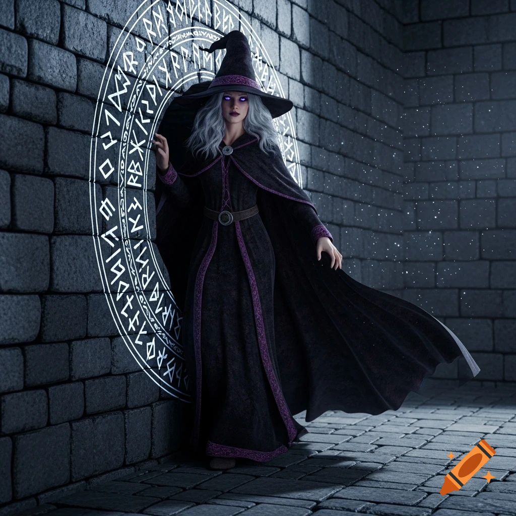 A white-haired witch in a black cloak and hat stands beside a glowing runic portal on a dark stone wall.