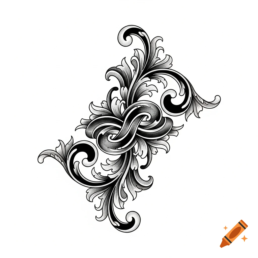 Intricate black and gray ornate scrollwork design with swirling leaves and intertwined ribbons on a white background.