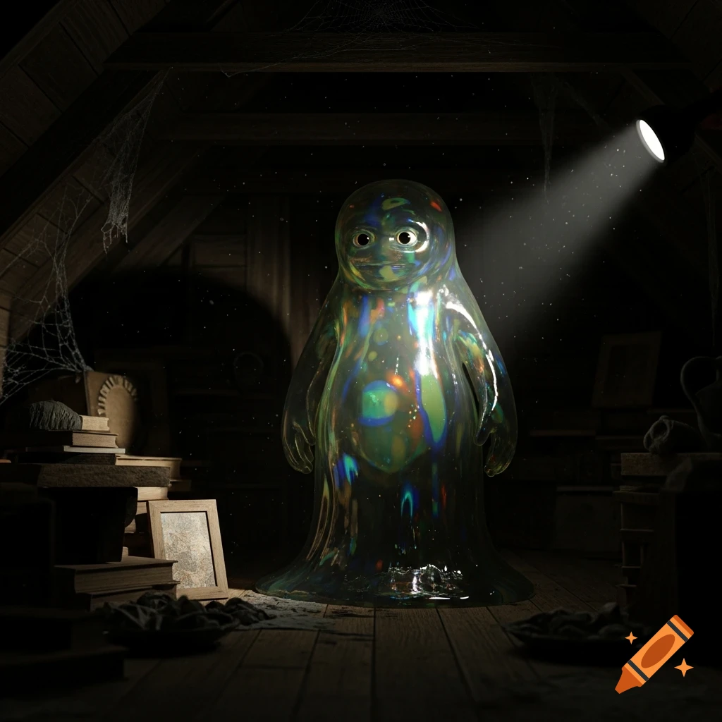 An iridescent, blob-like creature with big eyes stands in a dark, dusty attic, illuminated by a flashlight.