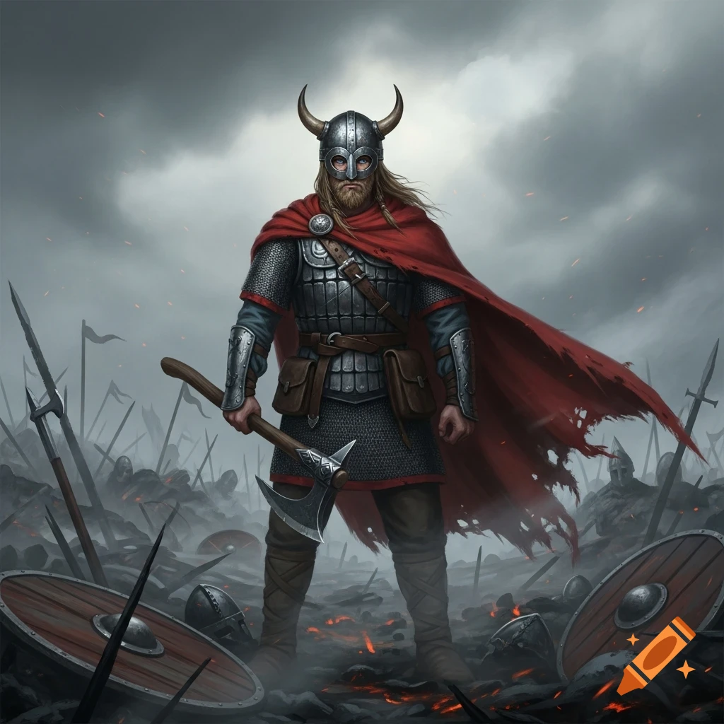 A fierce Viking warrior in horned helmet, armor, and a tattered red cape stands on a smoky battlefield, holding an axe. Fallen shields and spears litter the ground.