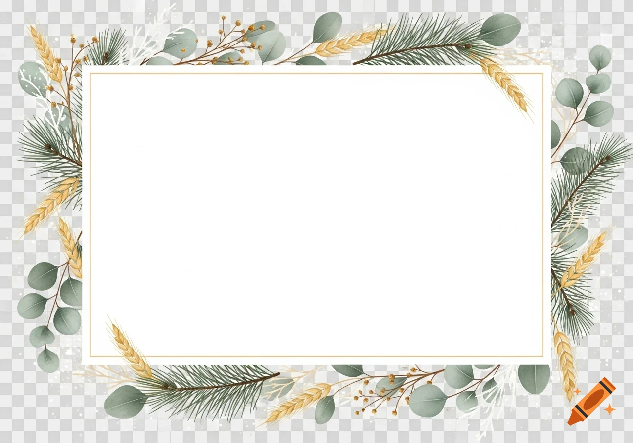 A horizontal white frame with a thin gold border, surrounded by watercolor-style pine branches, wheat stalks, and eucalyptus leaves on a transparent background.