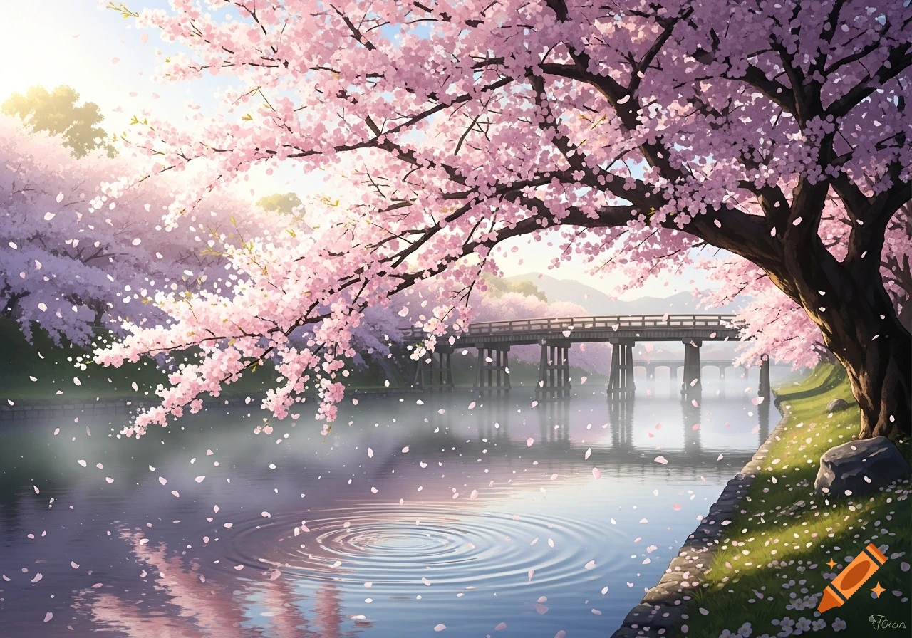 Vibrant digital painting of a Japanese landscape with pink cherry blossom trees over a calm river, petals falling on the water with a bridge in the background.