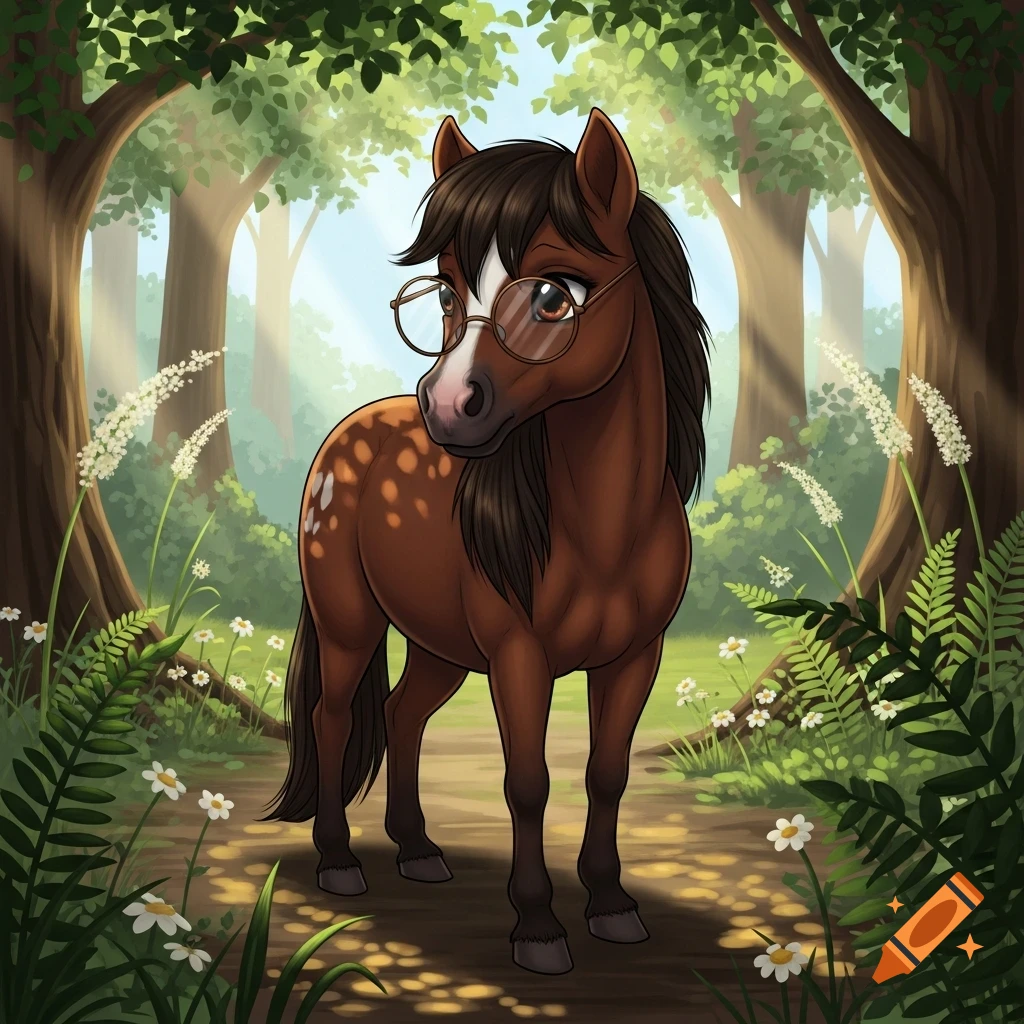 A cute brown cartoon pony with round glasses stands in a sun-dappled forest clearing.