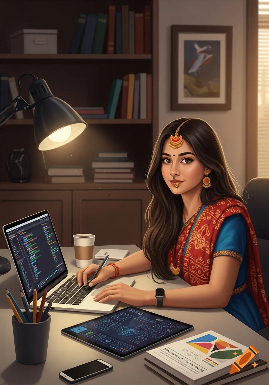 A Nepali-American woman in traditional attire works at a desk with a laptop, tablet, and desk lamp in an office setting. Digital painting style.