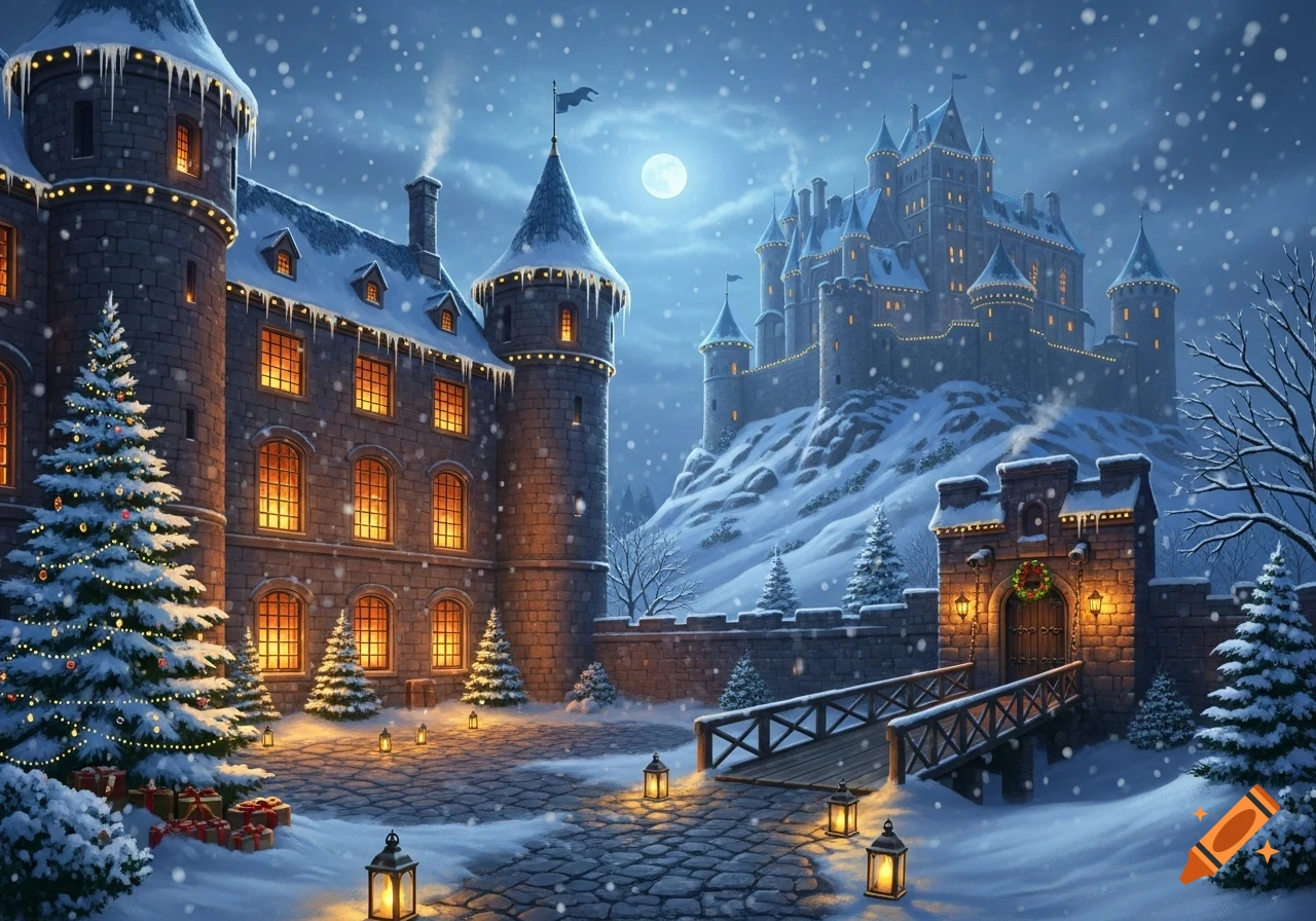 A snowy, illuminated castle and building with Christmas trees, lanterns, and falling snow at night under a full moon.