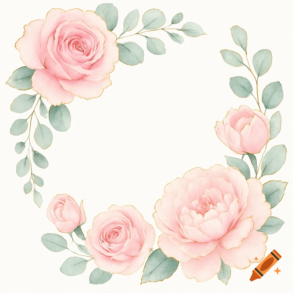 Watercolor wreath with pink roses, peonies, and eucalyptus leaves with gold accents on a white background.