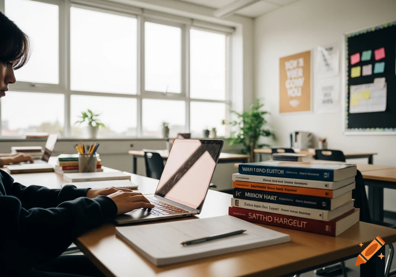 A student works on a laptop at a desk with a stack of books in a bright classroom.