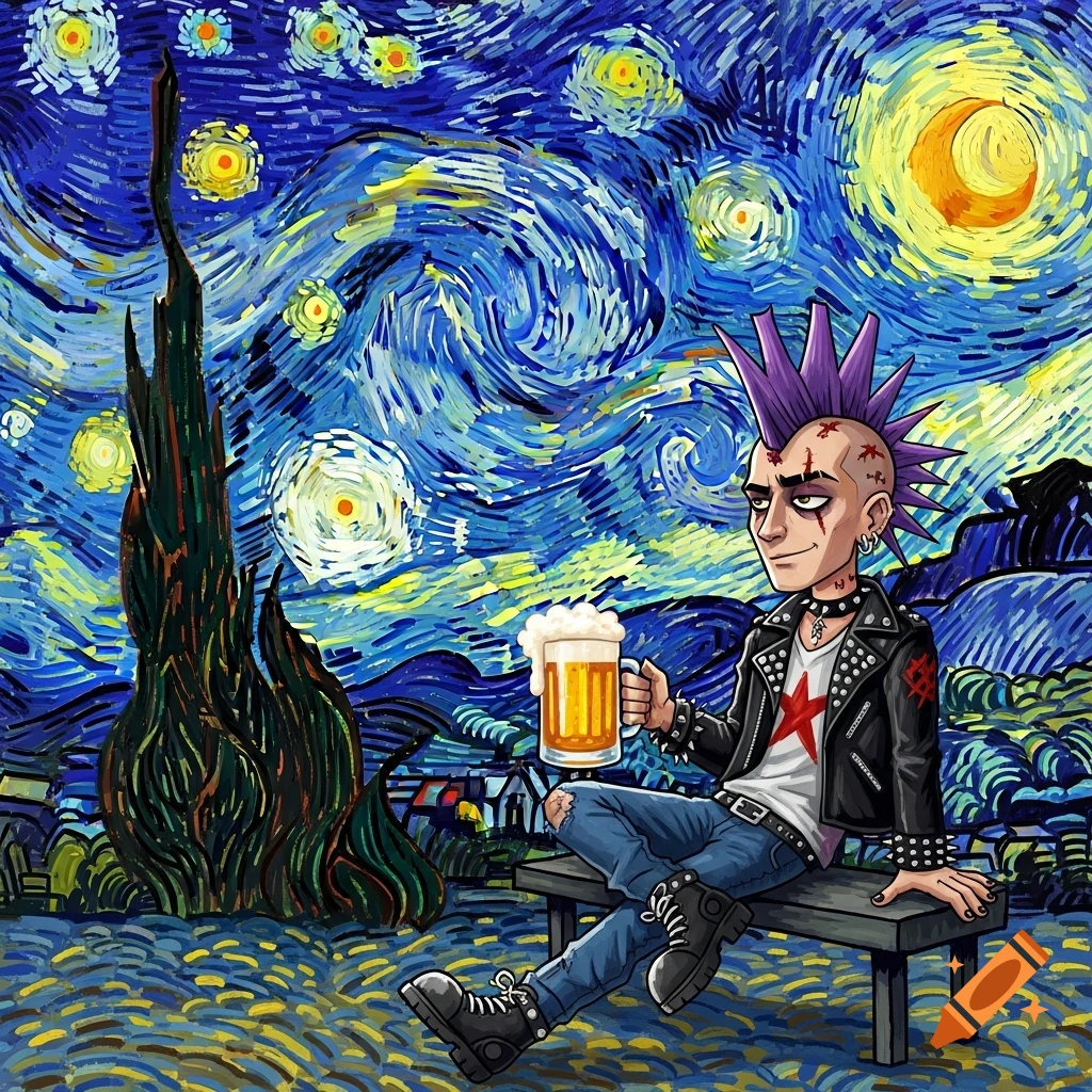 A cartoon punk man with a purple mohawk sits on a bench, holding a beer mug, against a background stylized like Van Gogh's Starry Night.